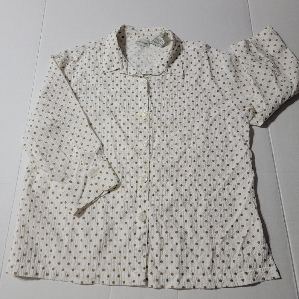 💚‎ White Stag Womens Button Down Shirt Quarter Sleeve White Gold Dots Medium